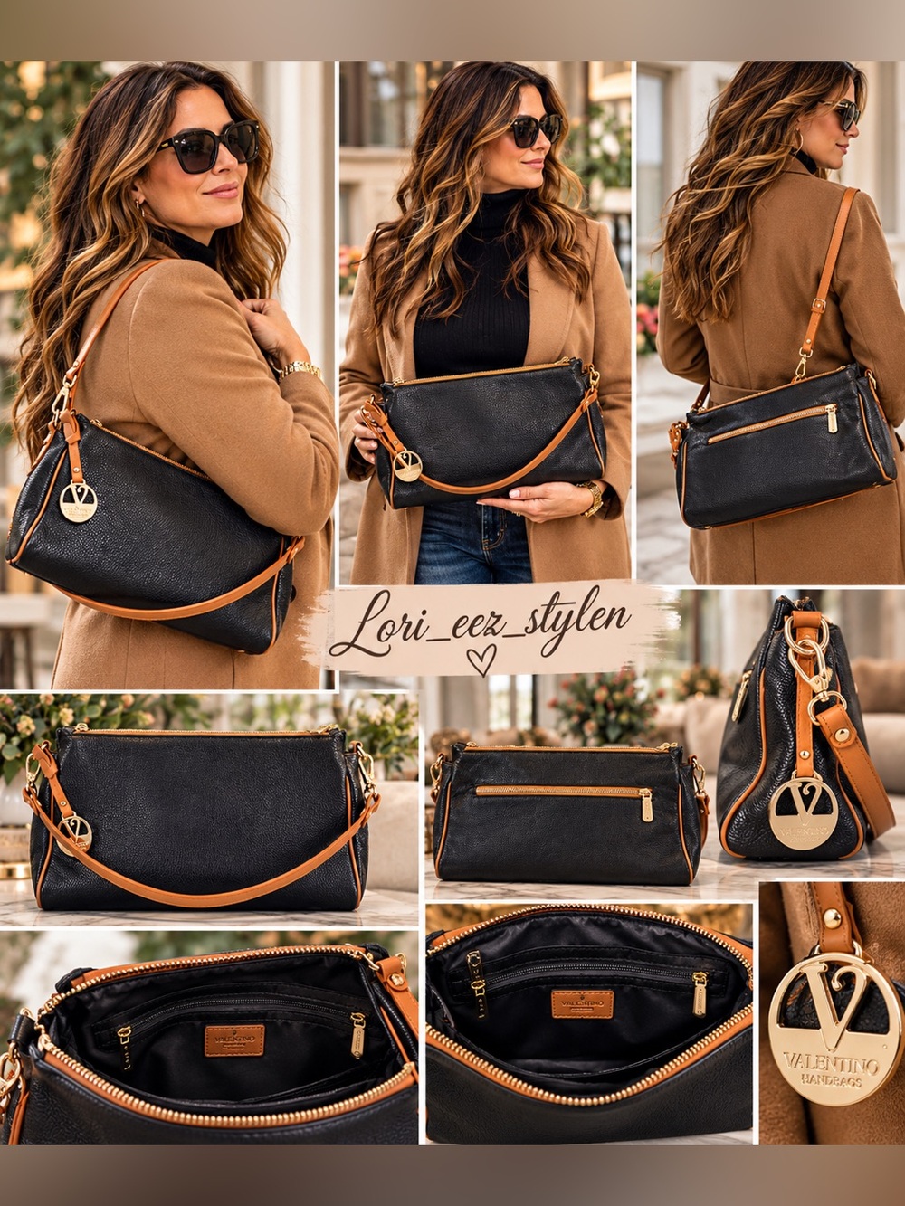 Valentina Black Shoulder Bag with Tan Trim and Gold Charm